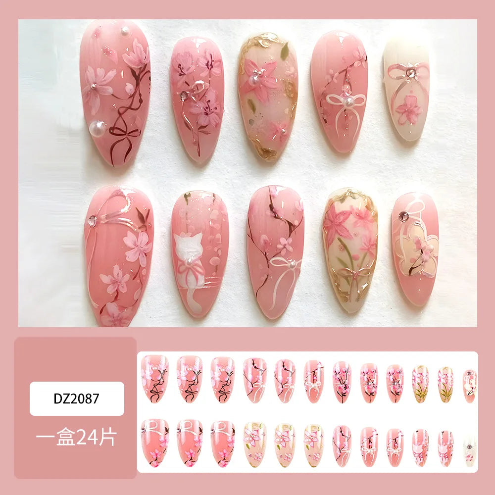 24pcs Sweet Pink Flower Press on Nails Ins Pink Blush Almond False Nails Wearable Reusable Fashion Korean Fake Nails for Women