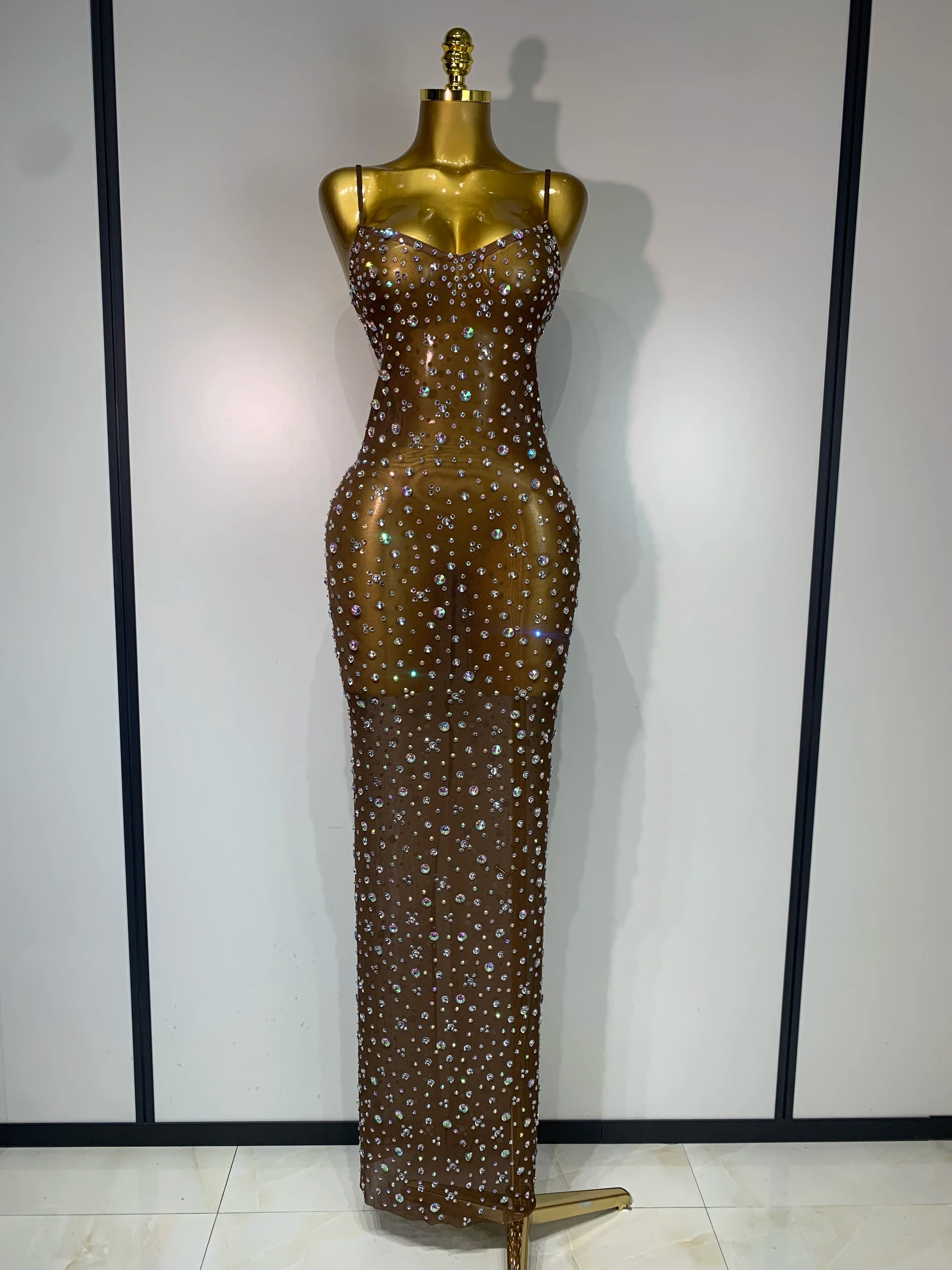 Sparkly Rhinestone Stretchy Mesh See Through Dress Women 2025 Performance Dancer Costume Luxury Birthday Nightclub Stage Outfit