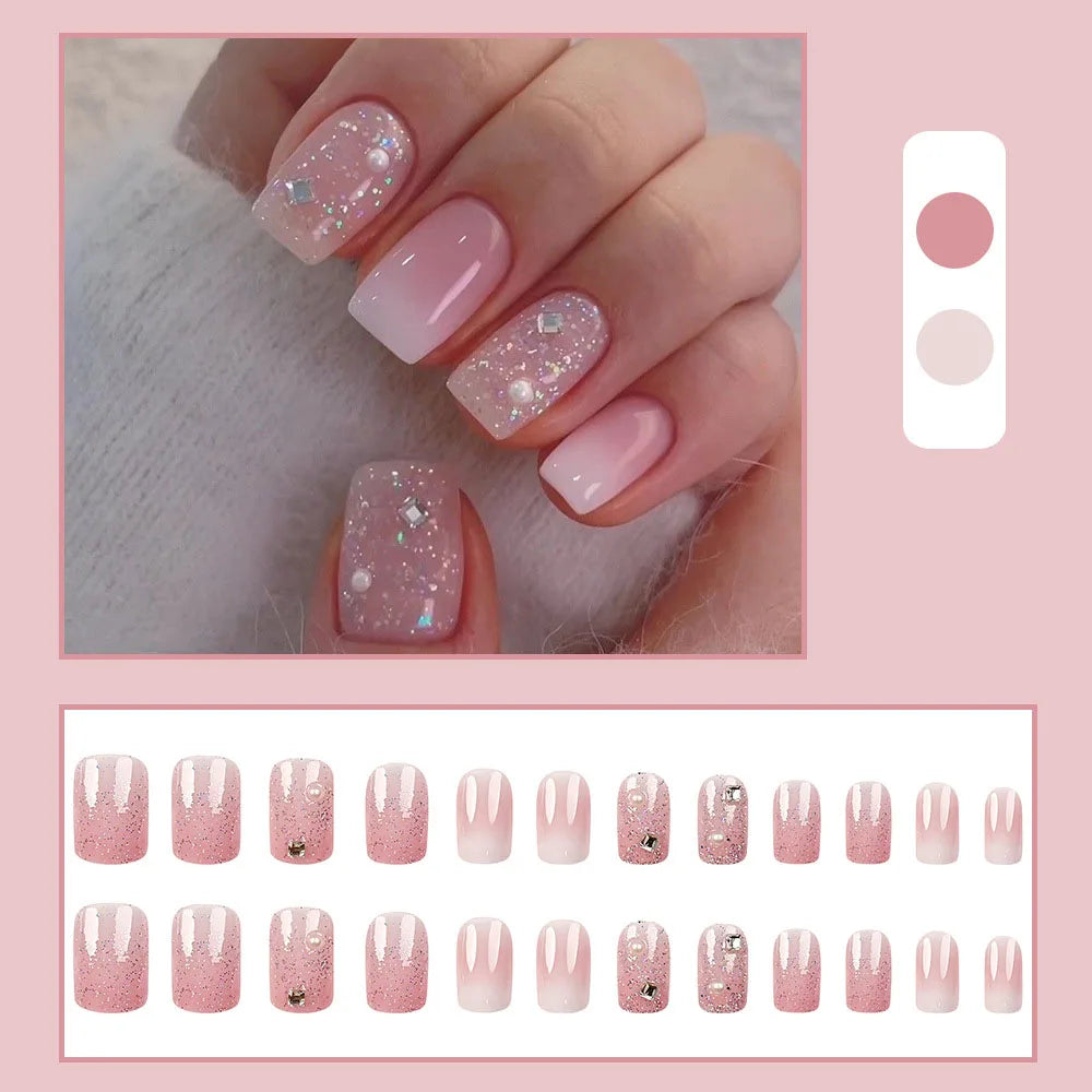 24pcs/set Short Medium fake nails for women girls gradient shiny glitters heart french Square almond tips Press on false nail