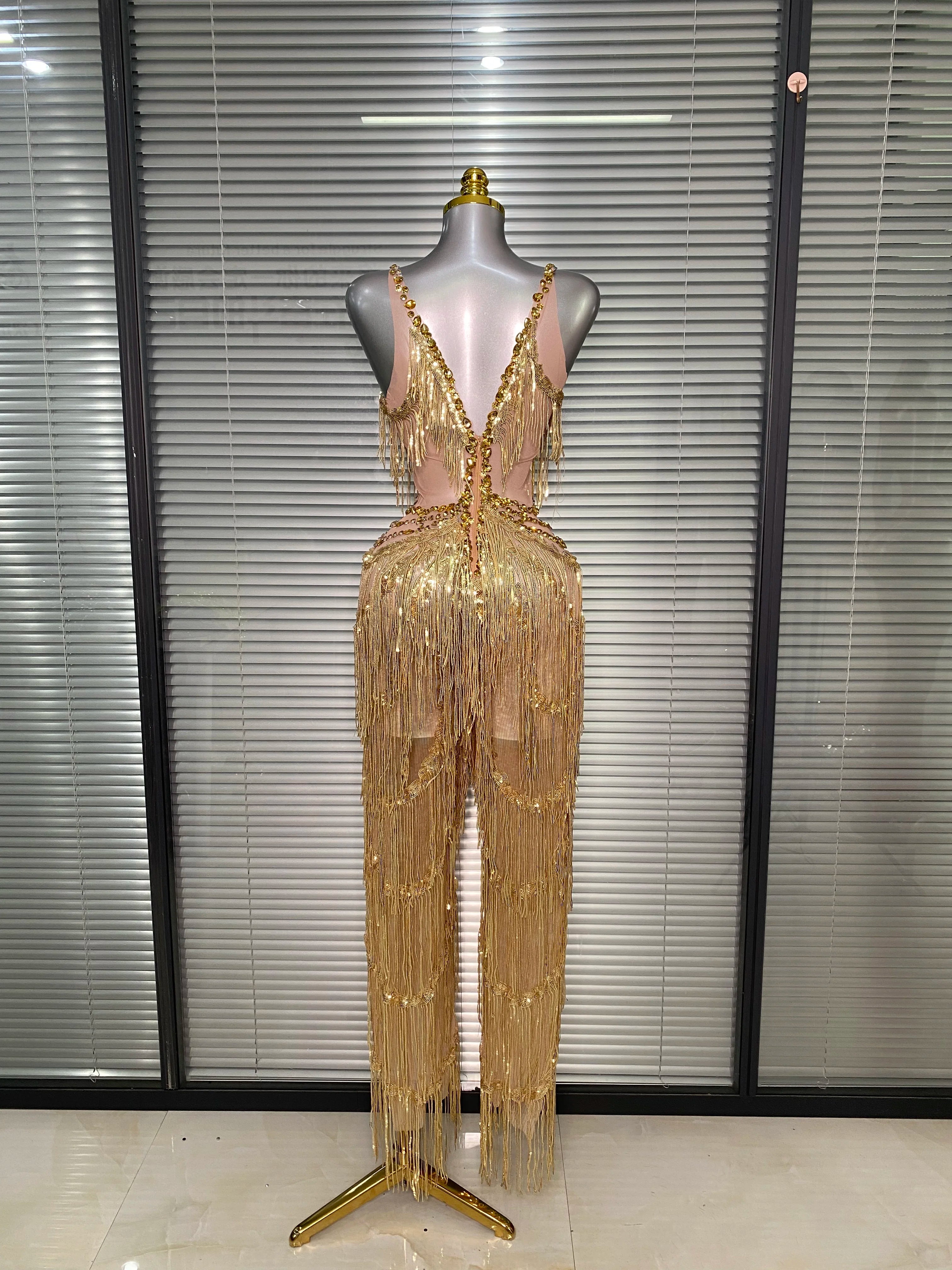 Brand New 2025 Women Sexy Gold Tassel Crystal Jumpsuit Celebrity Designer Stretchy Singer Dancer Stage Night Club Rompers