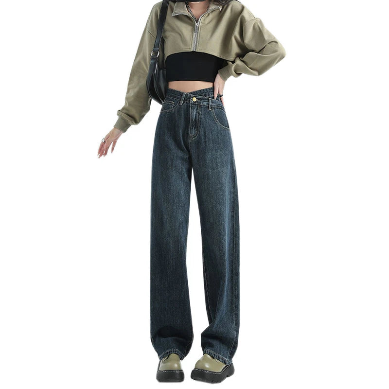 Autumn Winter New Women High Waist Jeans American High Street Straight Tube Woman Jeans Blue Gray Slant Button Women Pants