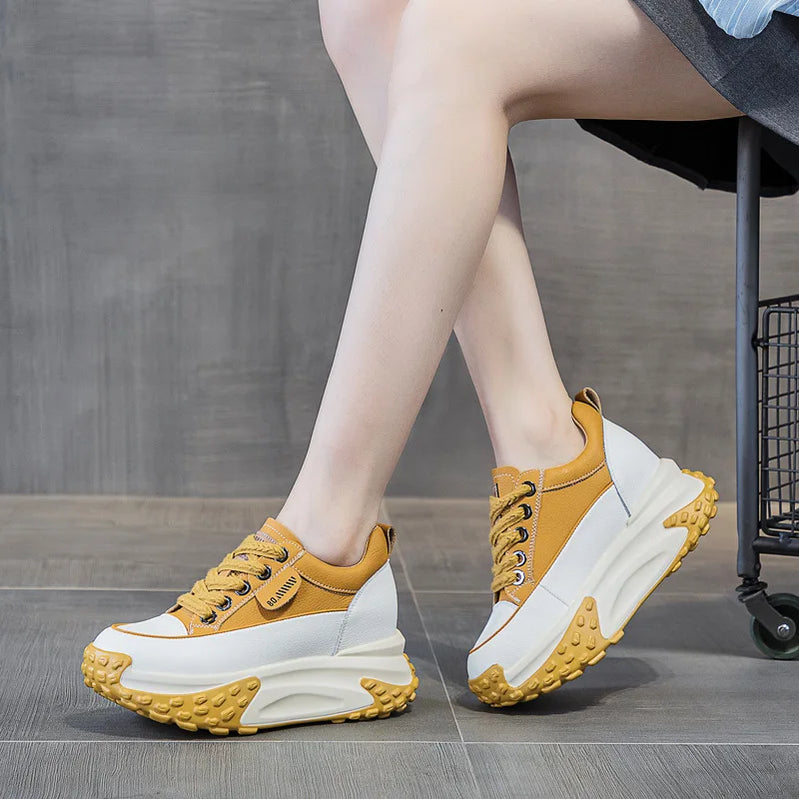 7cm Genuine Leather 2023 Platform Wedge Comfy Breathable Fashion Lace Women Chunky Sneakers Summer Hollow Leisure Female Shoes