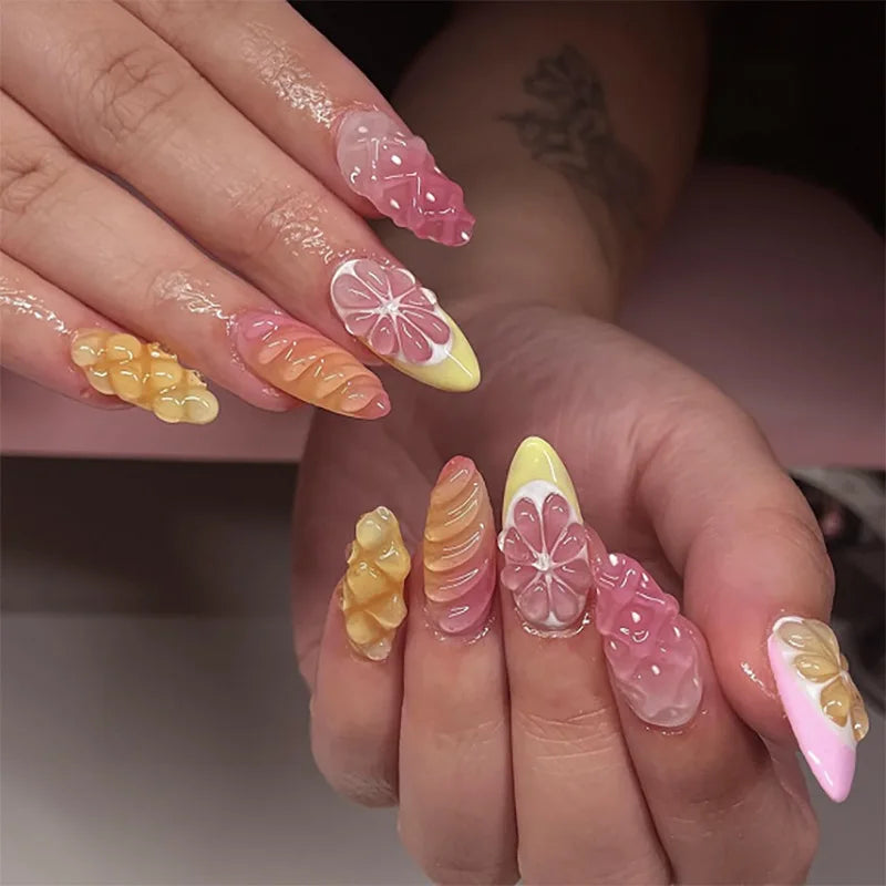 24Pcs Fresh Almond Press on Fake Nails with 3D Fruit Simple Lemon Orange Designs French Nail Wearable Full Cover False Nail Tips