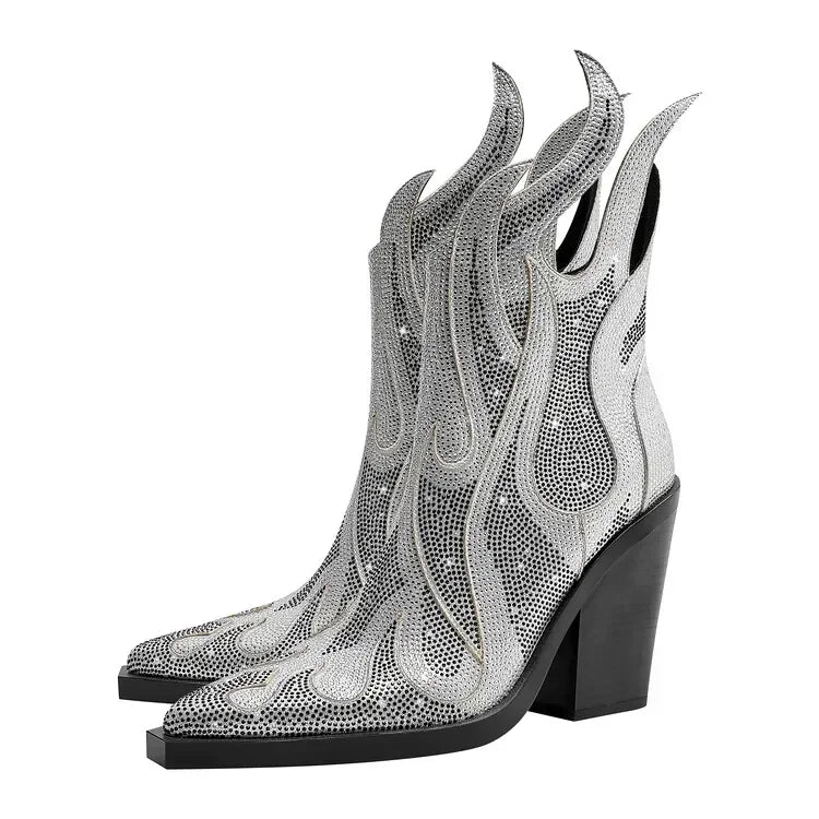 New Women's Rhinestone Flame Ankle Boots Fashion Square Head High Heels Western Boots Party Dress 43 Large Short Boots M6078-silvery