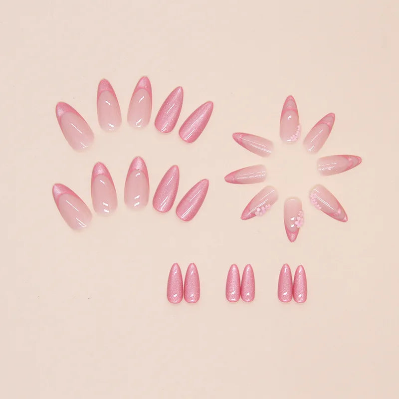 24Pcs Almond Cat-Eye Press-On Nails in Blush Pink Reusable&Wearable Elegant 3D Floral French Tips for Women&Girls’Daily Wear