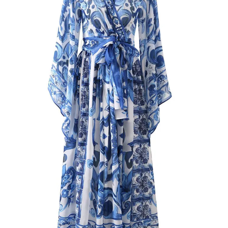 Fashion runway blue white porcelain floral maxi dress for women's summer autumn long sleeve flower printing dresses lady