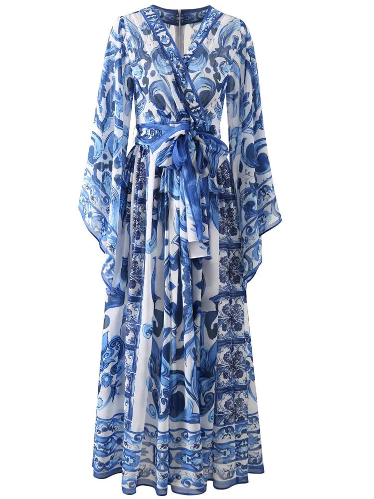 Fashion runway blue white porcelain floral maxi dress for women's summer autumn long sleeve flower printing dresses lady