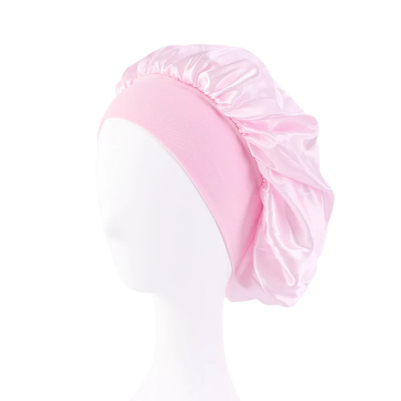 Women's Satin Solid Wide-brimmed Sleeping Hat Unisex Head Wrap Elastic Band Cap Hair Care Bonnet Night Hat bonnet de nuit Pink