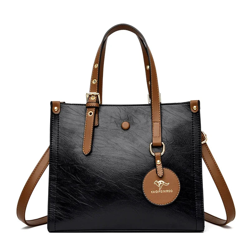 3 Layers Casual Tote Vintage Ladies Tote Hand Bag Leather Luxury Handbags Women Designer Bags for Women Sac A Main Femme Black