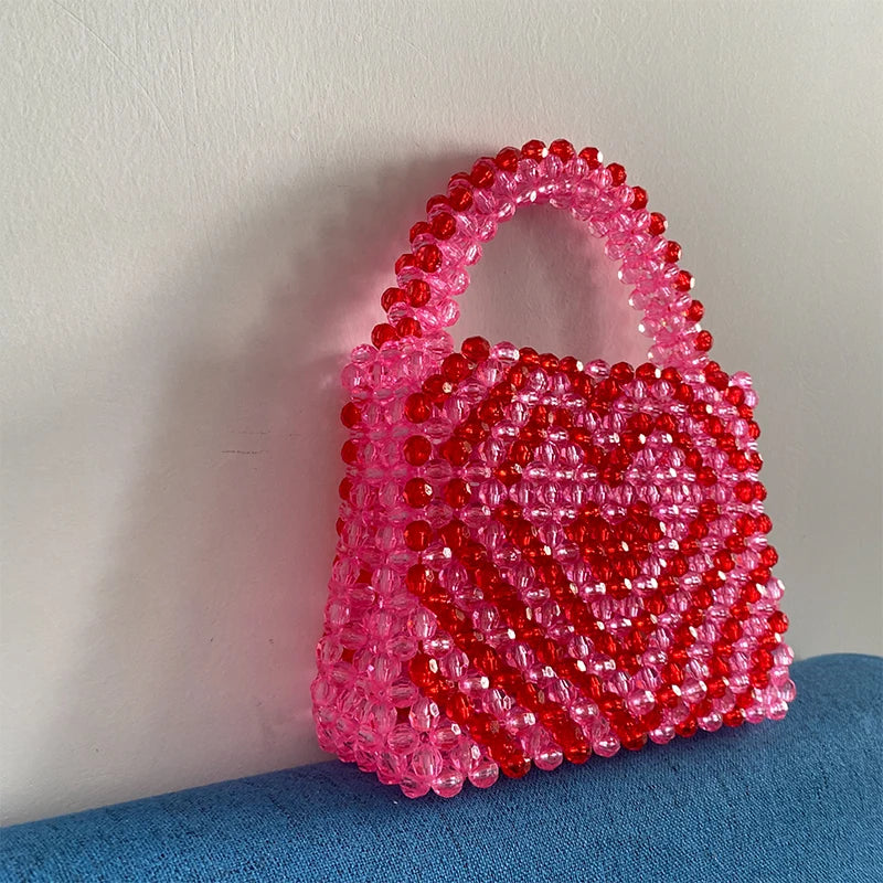 Beading Handmade Fashion Exquisite Shopping Totes Bags Female Pink Love Handbag for Women Party Dinner Valentine's Day