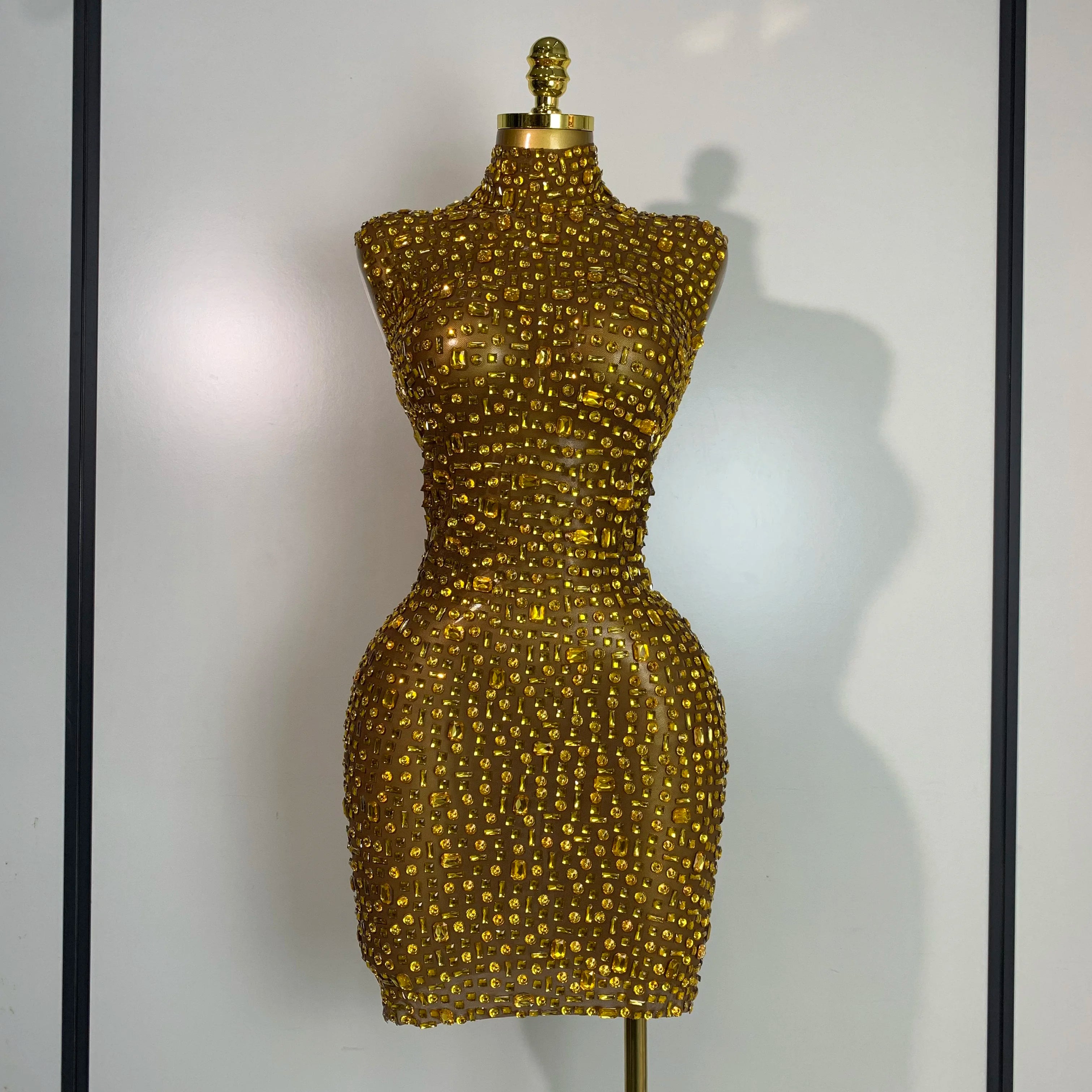 Women Luxury Gold Rhinestone Sexy Mesh Short Dress Sparkly Stage Costume Elegant Party Birthday  Dresses Nightclub Singer Outf