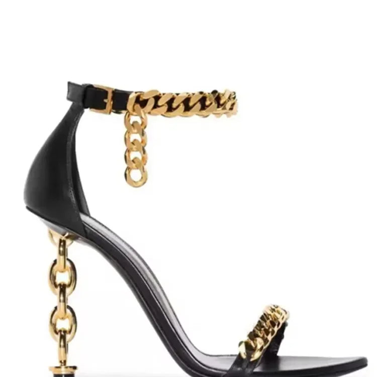 European and American Summer New Metal Chain High Heel Sandals Fashion Show One Line Sexy Open Teeth Women's Sandals black