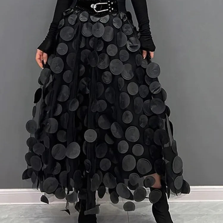 Women Polka Dot 3D Design Tulle Mesh Skirt Vintage Elastic Waist Long A-line Tutu Skirt
