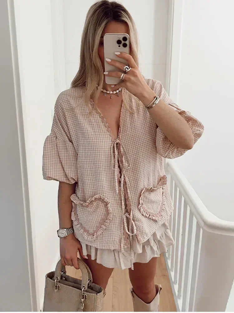 Fashion Plaid Ruffle Lace Up Shirt Women Sweet V Neck Half Puff Sleeve Heart Shaped Pocket Tops Female Loose Lady Street Blouse