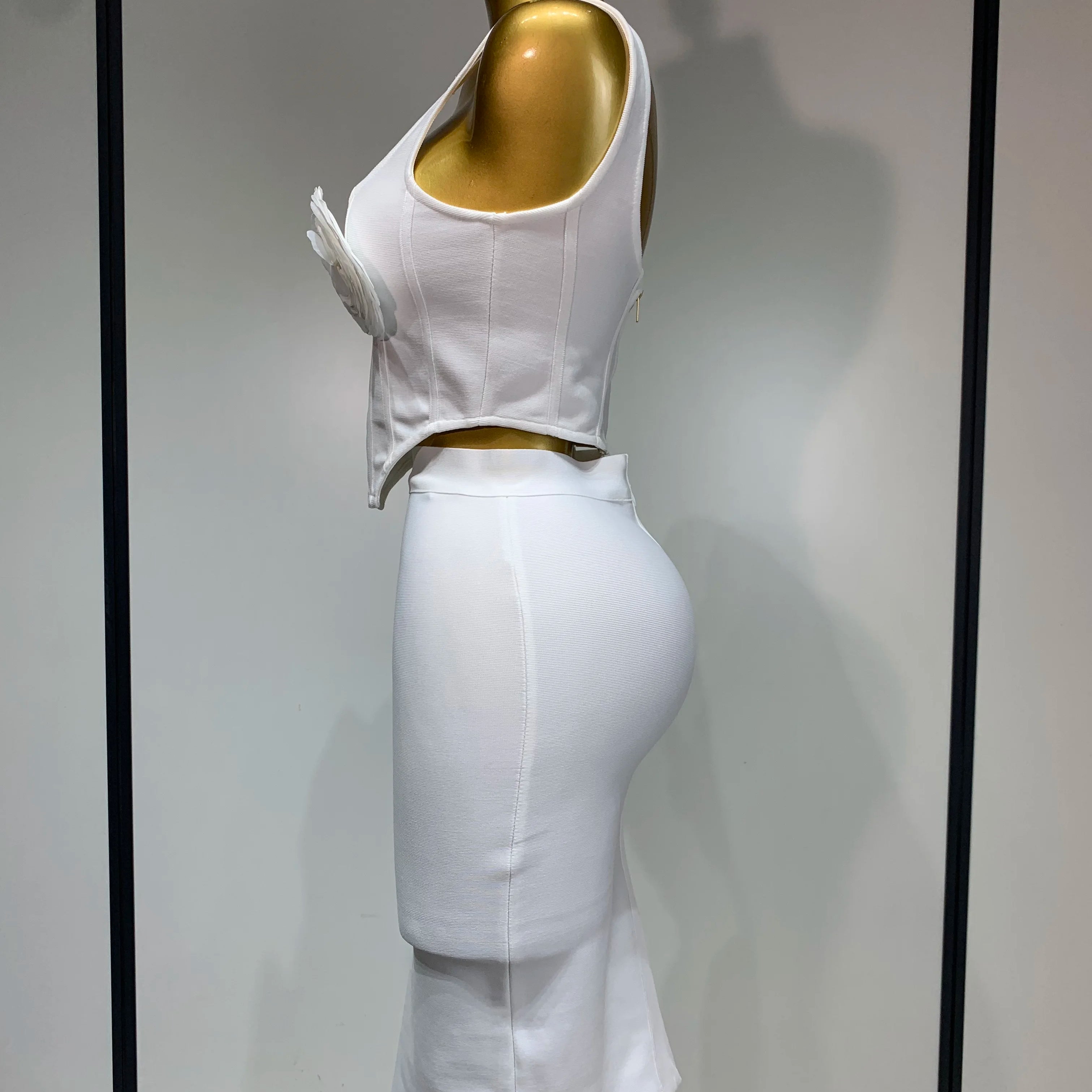 High Quality Women Sexy Square Collar Backless Flower Bandage Two Piece Set 2025 Knitted Elegant Evening Club Party Clothing