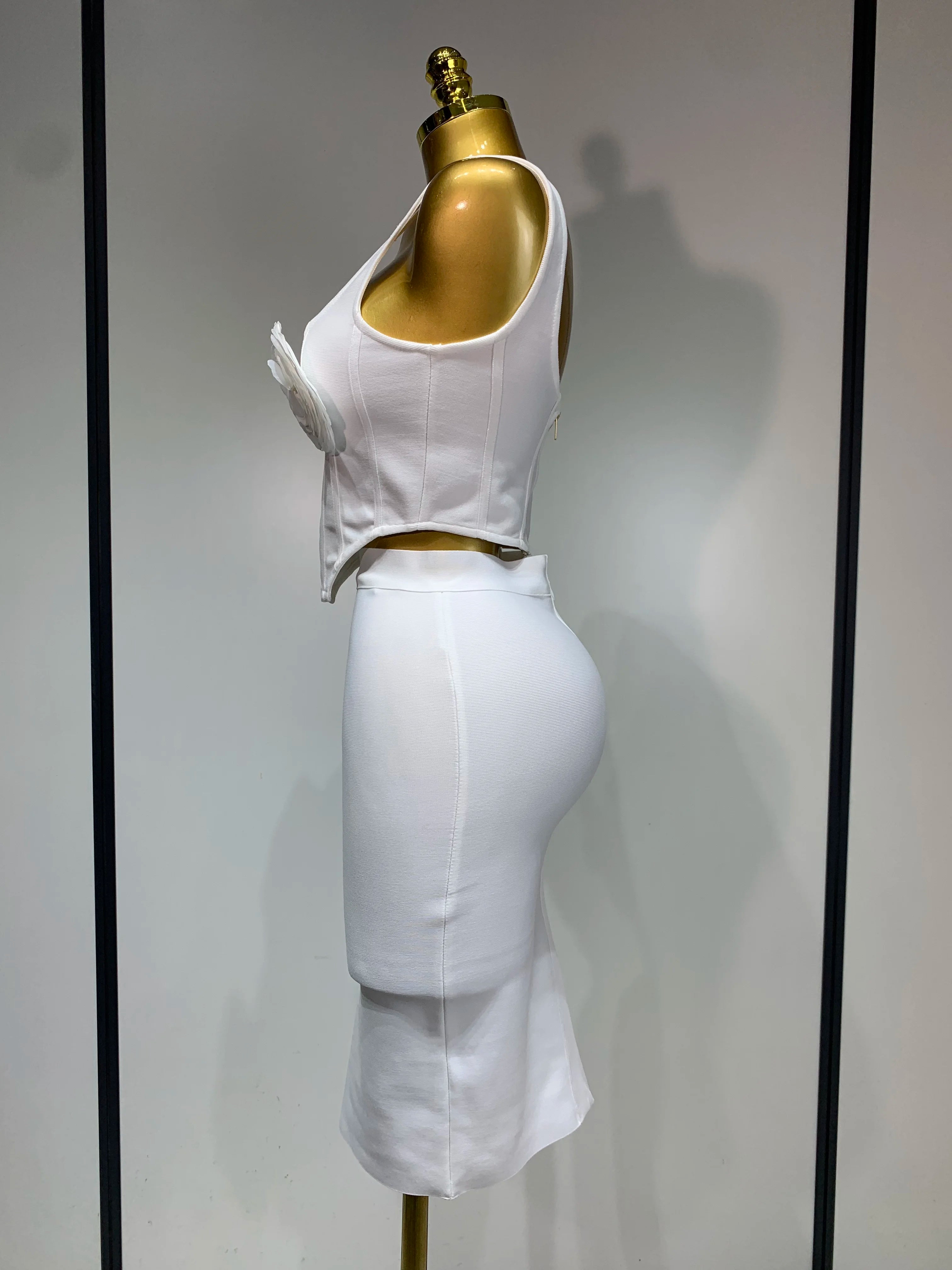 High Quality Women Sexy Square Collar Backless Flower Bandage Two Piece Set 2025 Knitted Elegant Evening Club Party Clothing