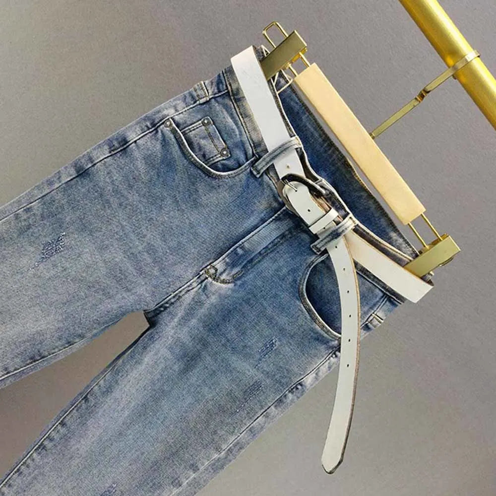 Sequins Skinny Jeans For Women Bing Bing 2024 Autumn New High Waist Slim Pencil Denim Trousers Woman Pants