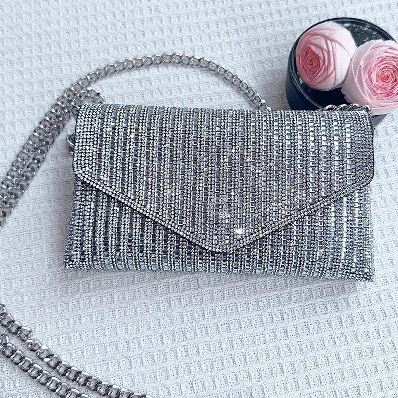 JIOMAY Rhinestone Purse Hand Bags For Women 2024 New Designer Luxury Bag Fashion Trends Chain Silver Purse Party Bags Silver CHINA