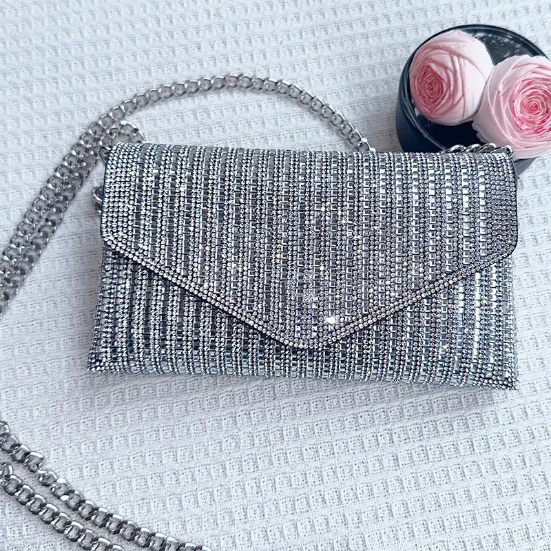 JIOMAY Rhinestone Purse Hand Bags For Women 2024 New Designer Luxury Bag Fashion Trends Chain Silver Purse Party Bags Silver CHINA