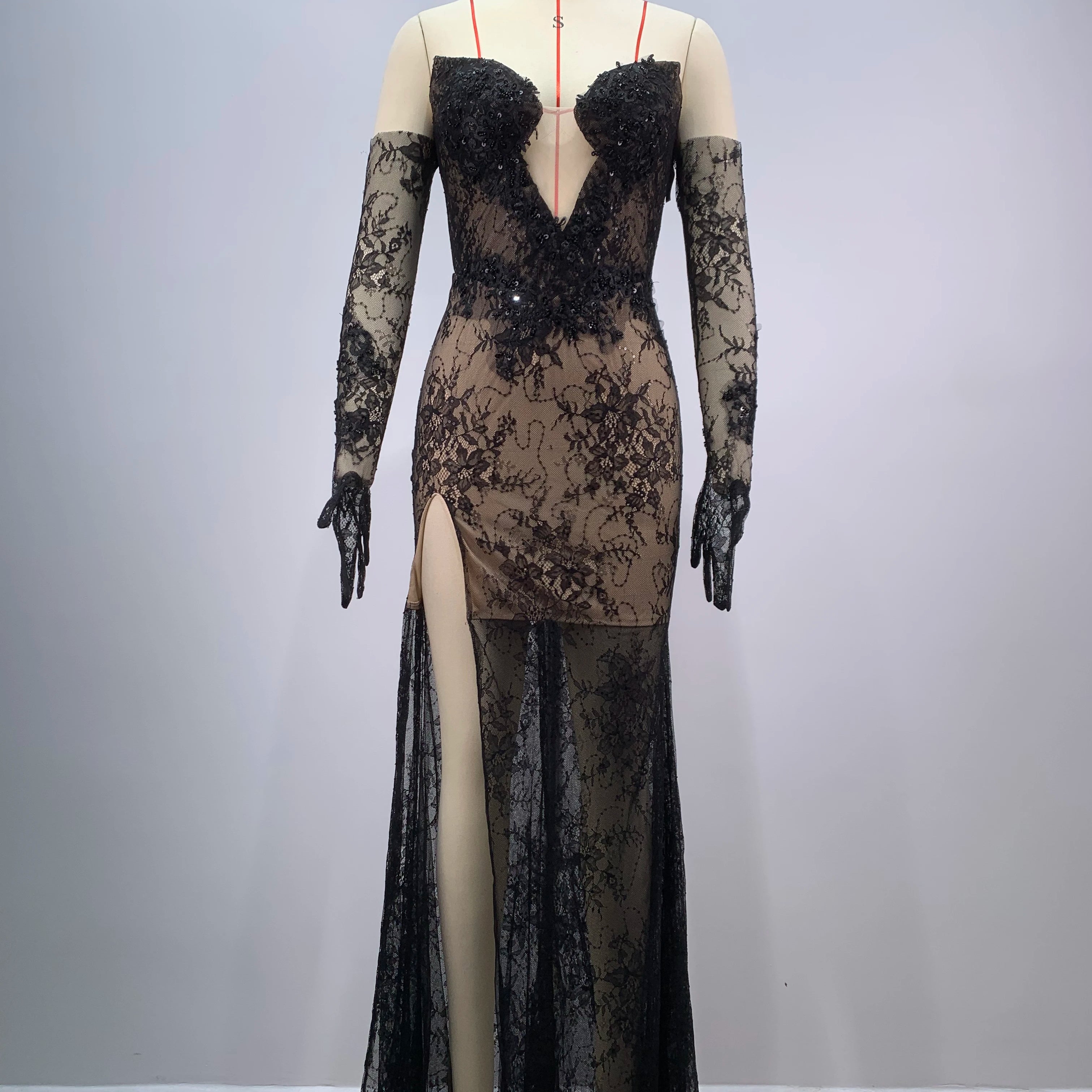 Women Sexy Strapless Lace High Split Long Dress Gloves Celebraye Nightclub Party Birthday Photo Shoot Dress Vestido