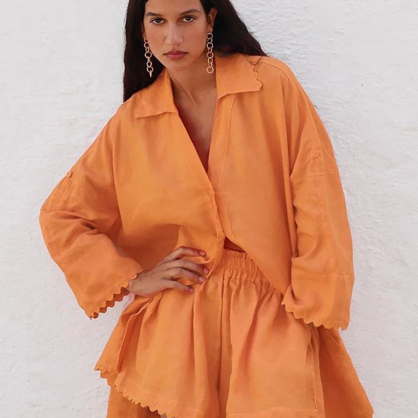 Clacive Casual Loose Orange Cotton 2 Piece Sets Women Outfit  Fashion Long Sleeve Shirt With High Waist Ruffle Shorts Set