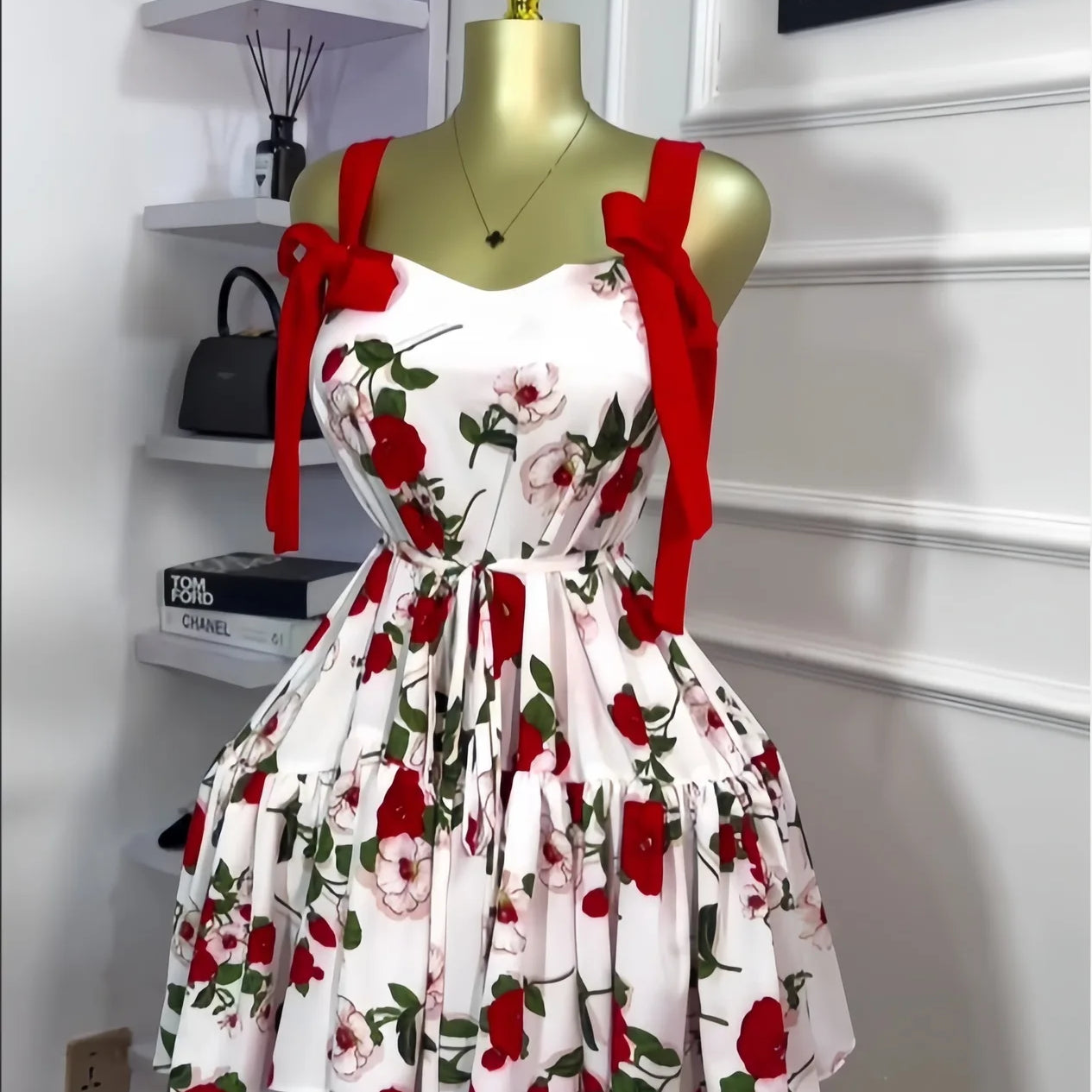 CM.YAYA Women Floral Printed Flare Sleeveless Bow Strap Belt Mini Dress 2025 Evening Sexy Beach Party Birthday Street Dresses