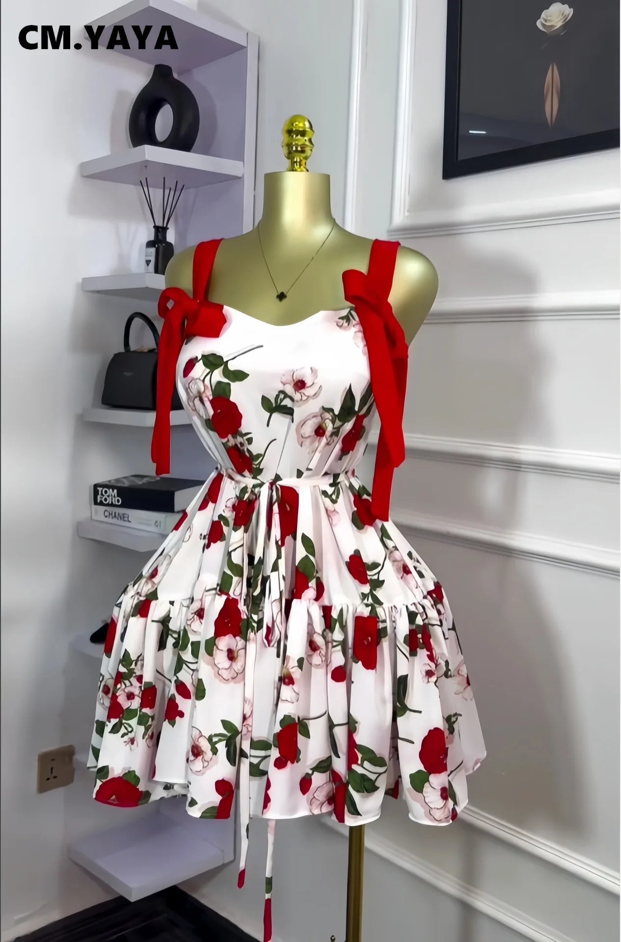 CM.YAYA Women Floral Printed Flare Sleeveless Bow Strap Belt Mini Dress 2025 Evening Sexy Beach Party Birthday Street Dresses