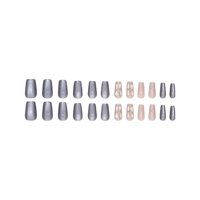 24Pcs Press-On Nails Blue Cat Eye Diamond Medium T-Bar Ballet Nails Fake Nails Perfect for Gifting To Girls and Friends