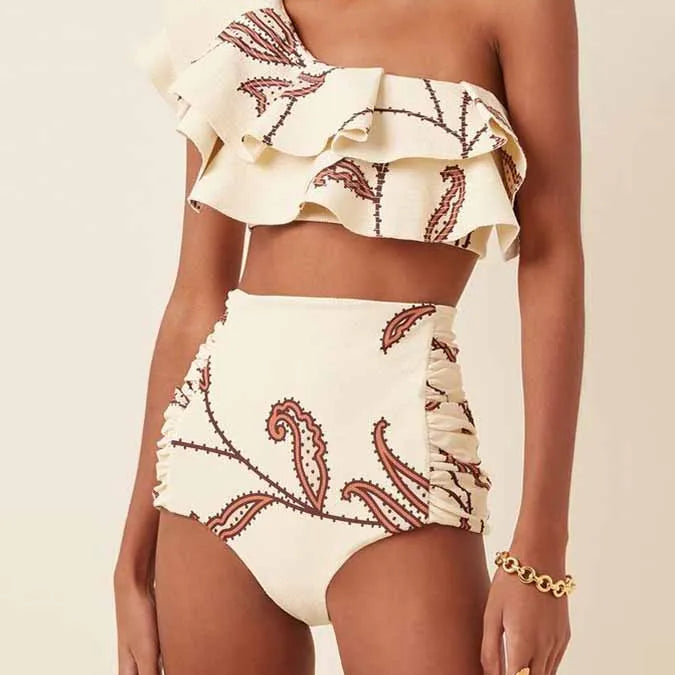 Women's Printed Ruffle Swimsuit Fashion One Shoulder Slash Breasted Bikini Two Piece High Waisted Tummy Tuck Beachwear 2023 New DEEP BLUE