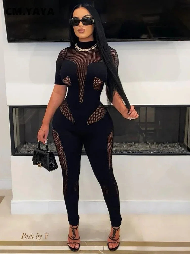 CM.YAYA Short Sleeve Women Mesh Hollow Out O-neck Rompers Jumpsuits 2024 Summer Sleep Night Club Party One Piece Sexy Outfits