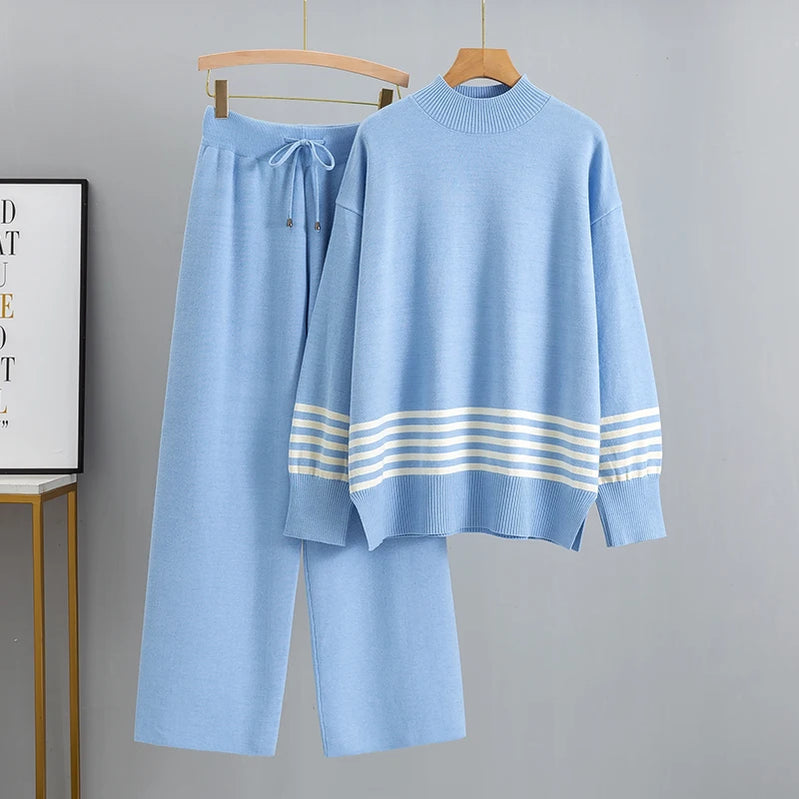 GIGOGOU Euro Designer Autumn Winter Women Sweater Tracksuit 2 piece Set Oversized Ladys Knitwear + Wide Leg Pants Warm Suits color 10 One Size