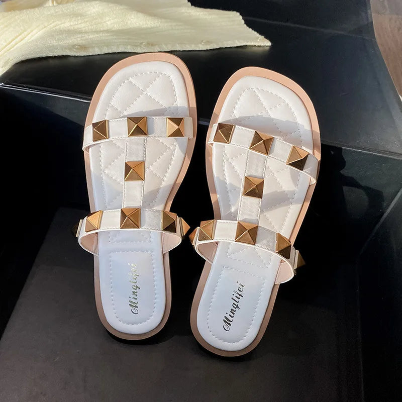 Women's Summer Outdoor Sandals ladies casual slippers flat shoes Fashion rivet design office and walking wear