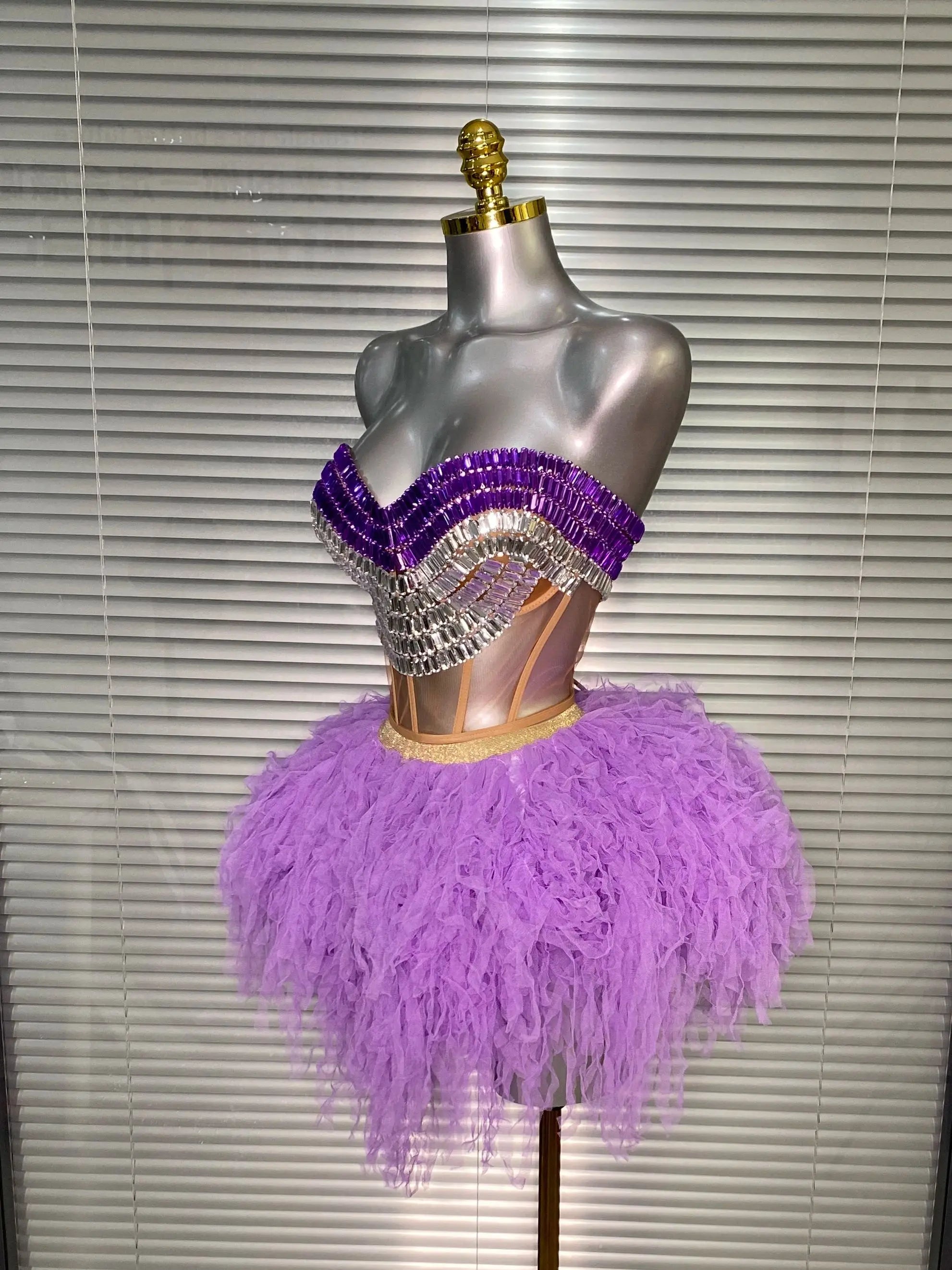 Luxury Sparkly Rhinestone Women Sexy Strapless Short Backless Dress Birthday Party Nightclub Outfit Dancer Performance Costume