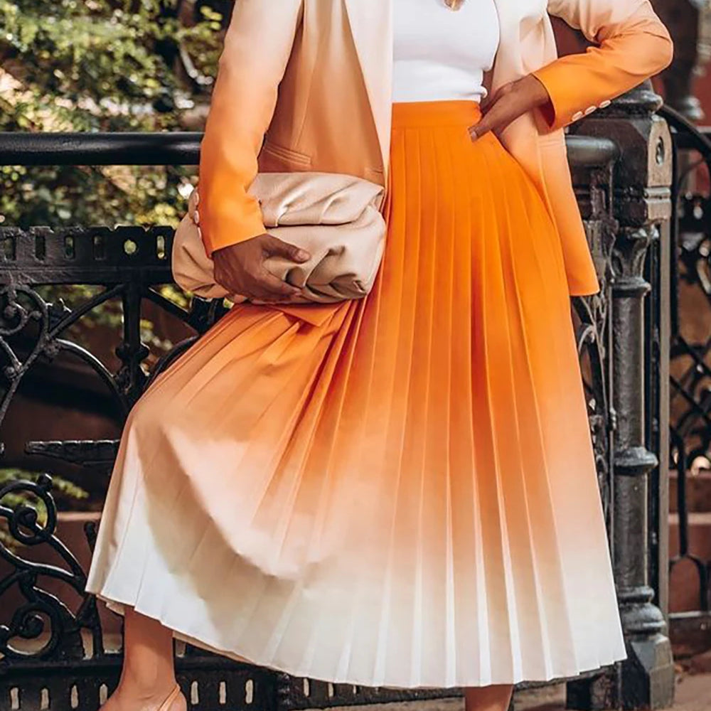 Plus Size Business Casual Skirt Set Orange Gradient Pleated Long Sleeve Blazer Suit Two Piece Skirt Set