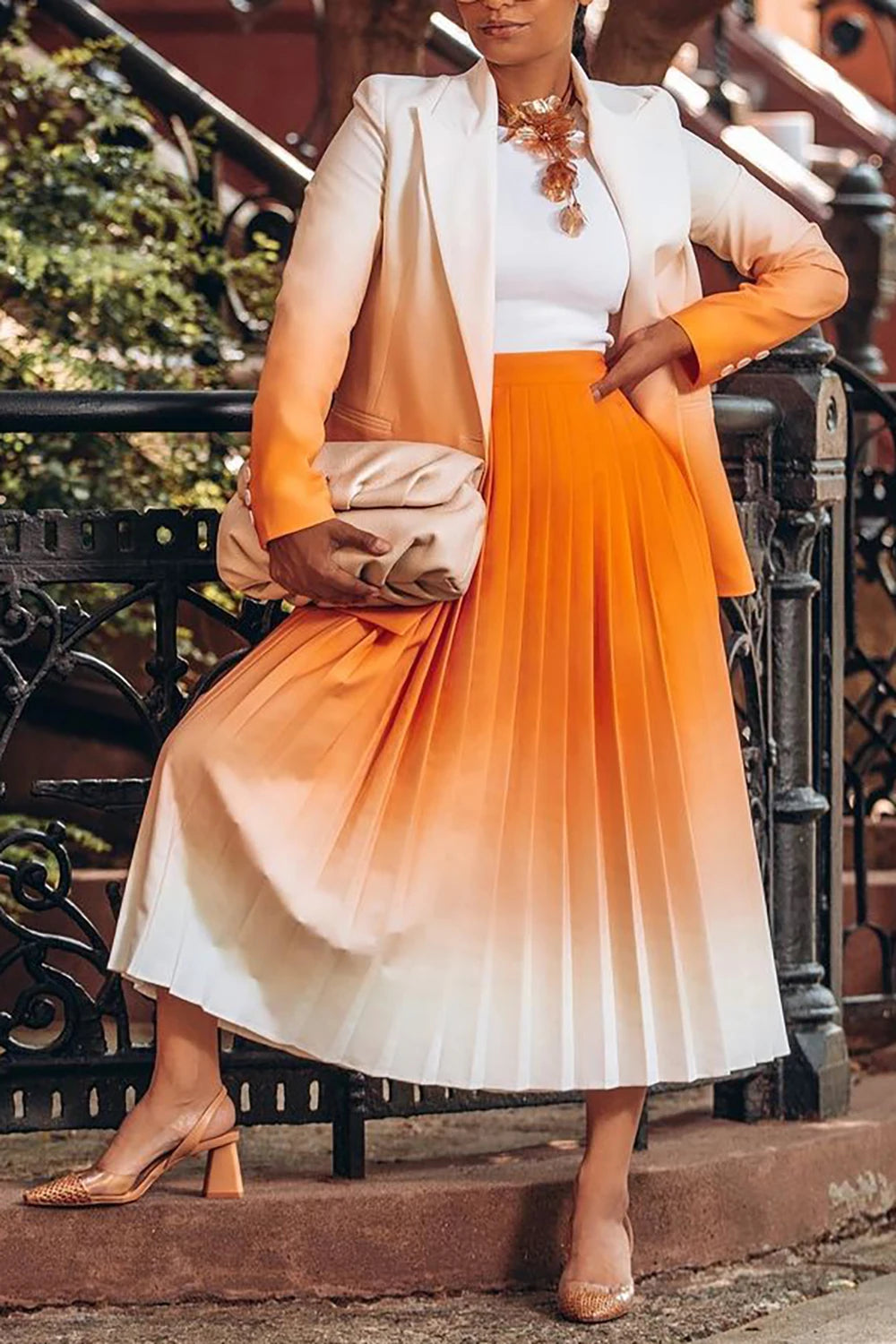 Plus Size Business Casual Skirt Set Orange Gradient Pleated Long Sleeve Blazer Suit Two Piece Skirt Set
