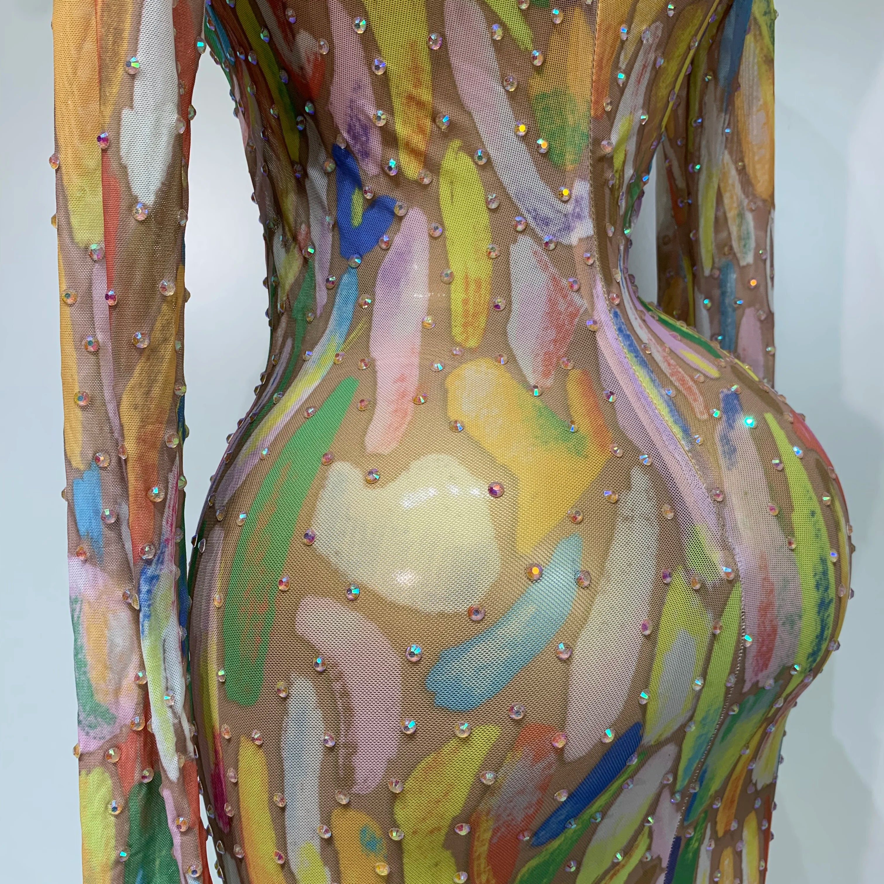 Sparkly Rhinestone Stretchy Mesh See Through Jumpsuit Women Performance Dancer Costume Rompers Party Nightclub Stage Outfit