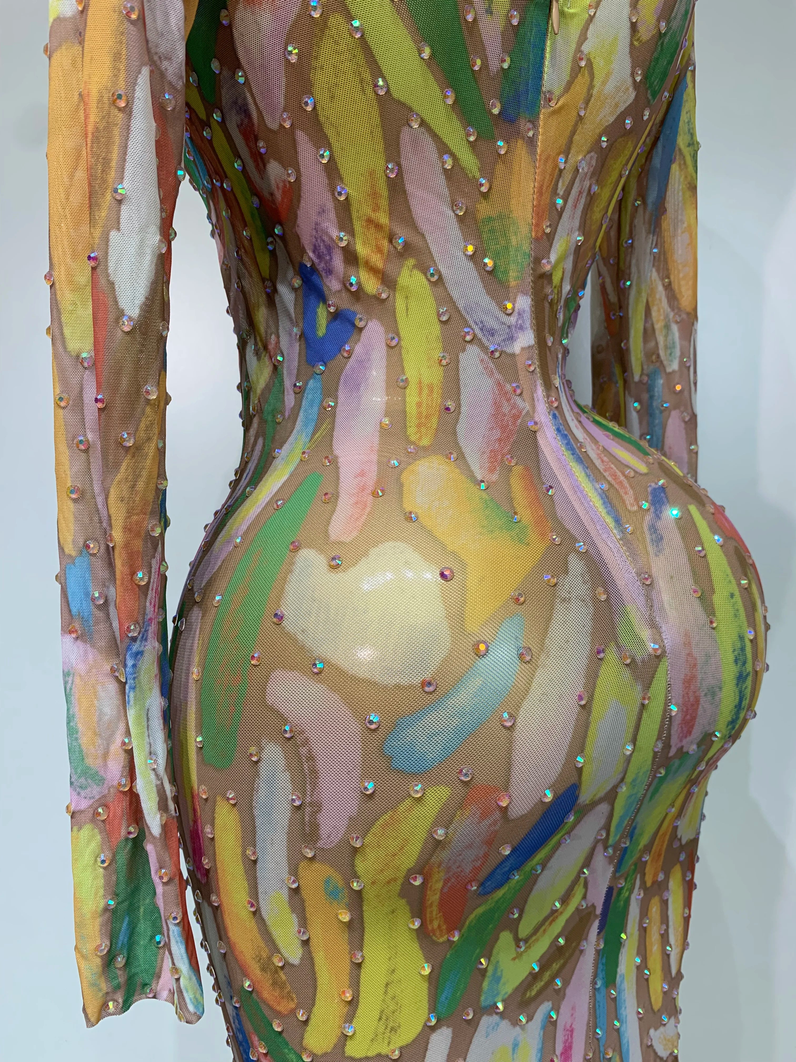 Sparkly Rhinestone Stretchy Mesh See Through Jumpsuit Women Performance Dancer Costume Rompers Party Nightclub Stage Outfit