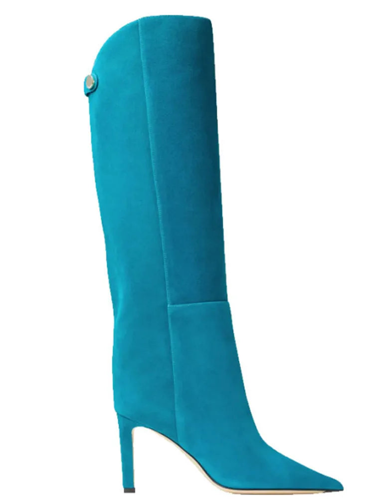 Women's New Thin High Heel Knee Long Boots Fashion Pointed Mid Length Women's Boots Autumn and Winter Fashion Women's Boots 553-blue