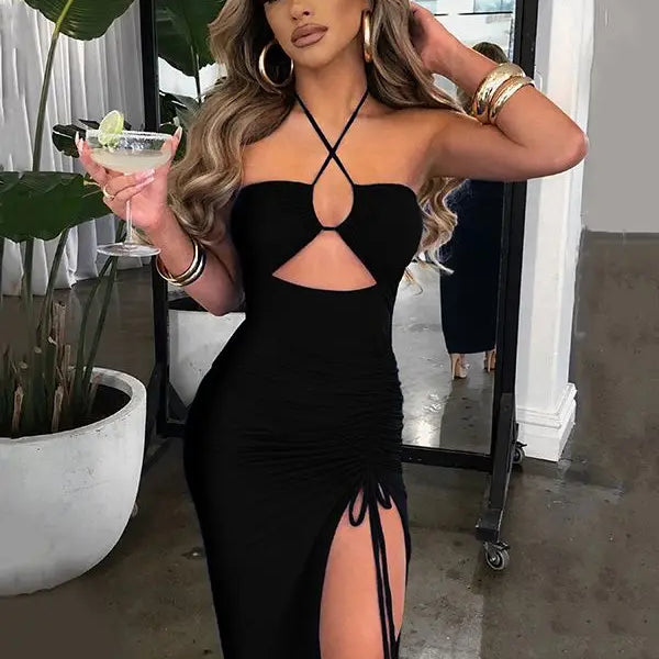 Summer Sexy Halter Backless Sleeveless Cut Out Maxi Dress for Women Ruched Elegant Club Party Slit Dresses Bandage Vestido 2023 black