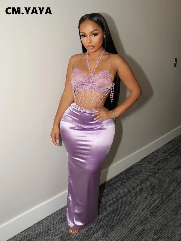 CM.YAYA Vintage Women Satin Bodycon Long Pencil Maxi Long Skirt 2025 Summer Sweet Holiday Beach Street INS Fashion OL Skirts