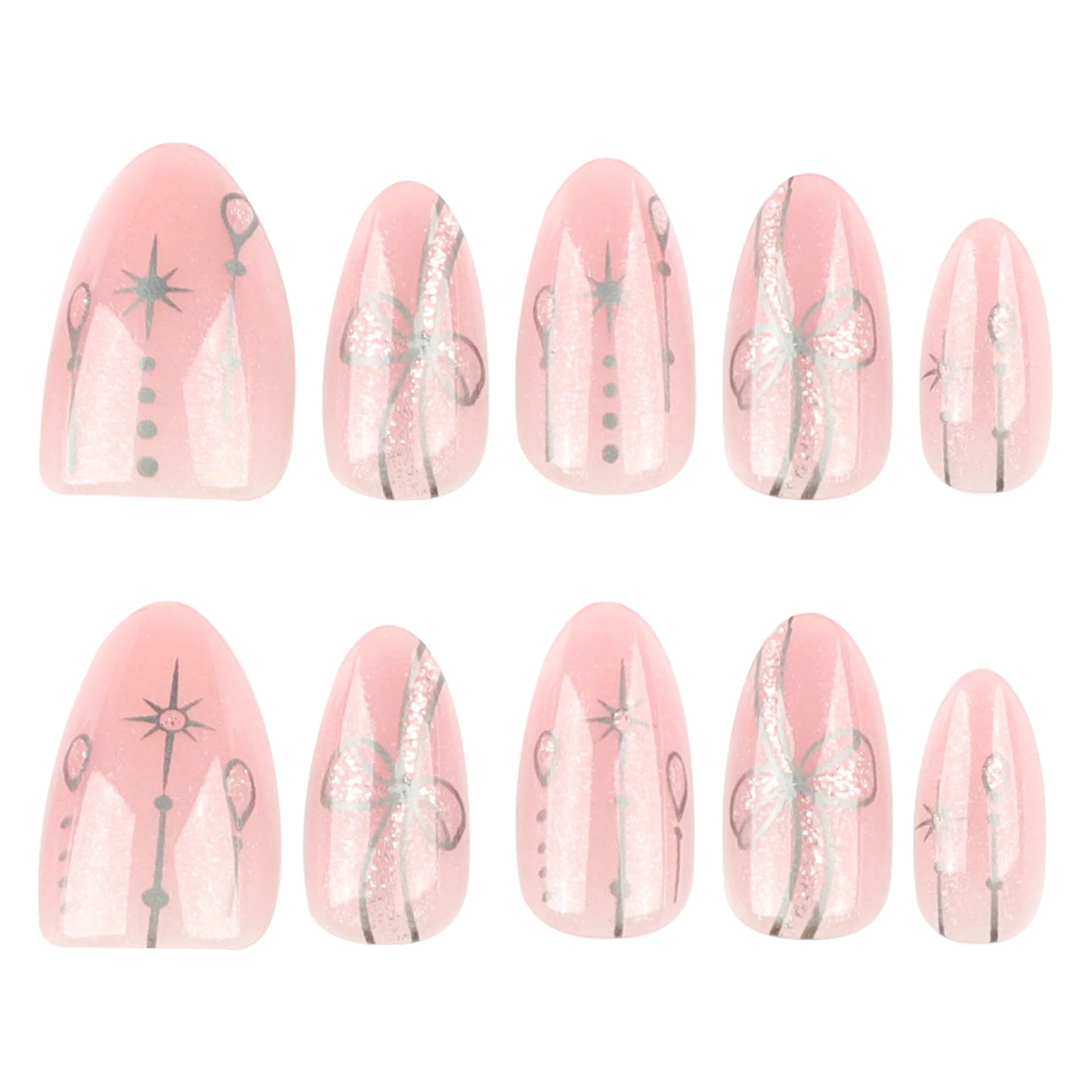 24pcs Short Almond Press on Nails Bohemia Bow Print Sweet Pink False Nail Tips Wearable Reusable Summer Simple French Fake Nails