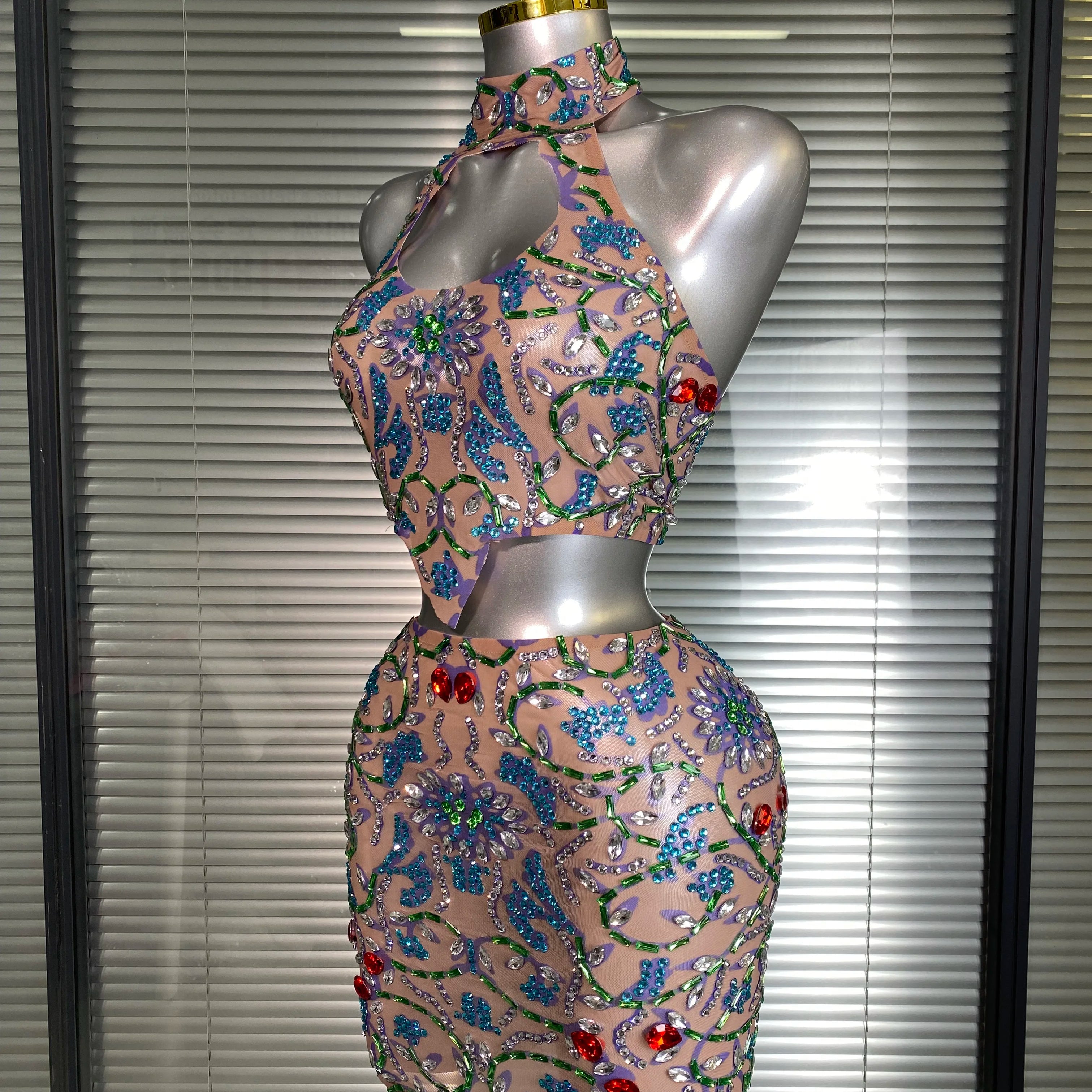 New Women Sexy Two Pieces Set Crystal Diamond Halter Skirt Suits Singer Dancer See Through Stage Performance Costume