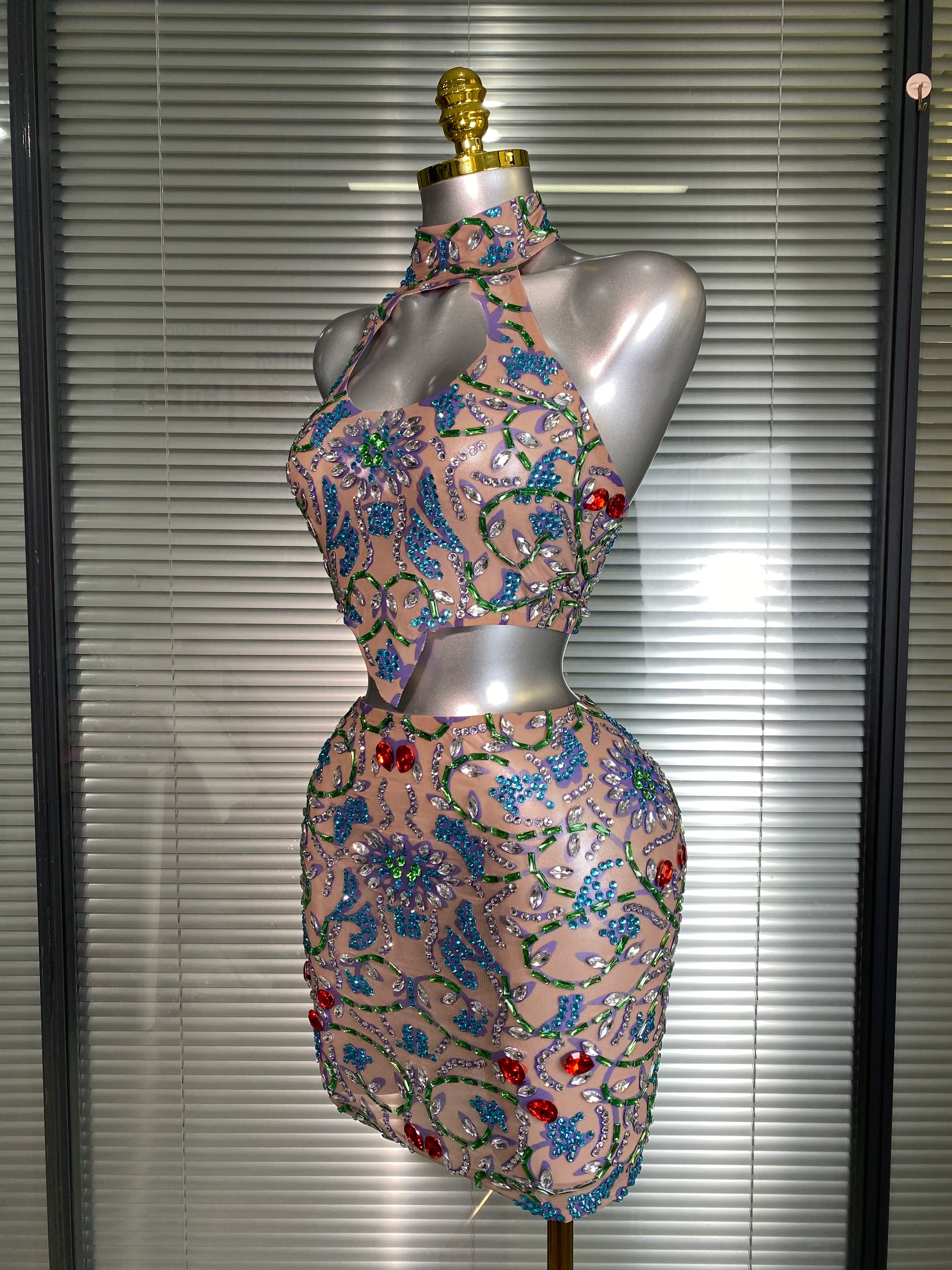 New Women Sexy Two Pieces Set Crystal Diamond Halter Skirt Suits Singer Dancer See Through Stage Performance Costume