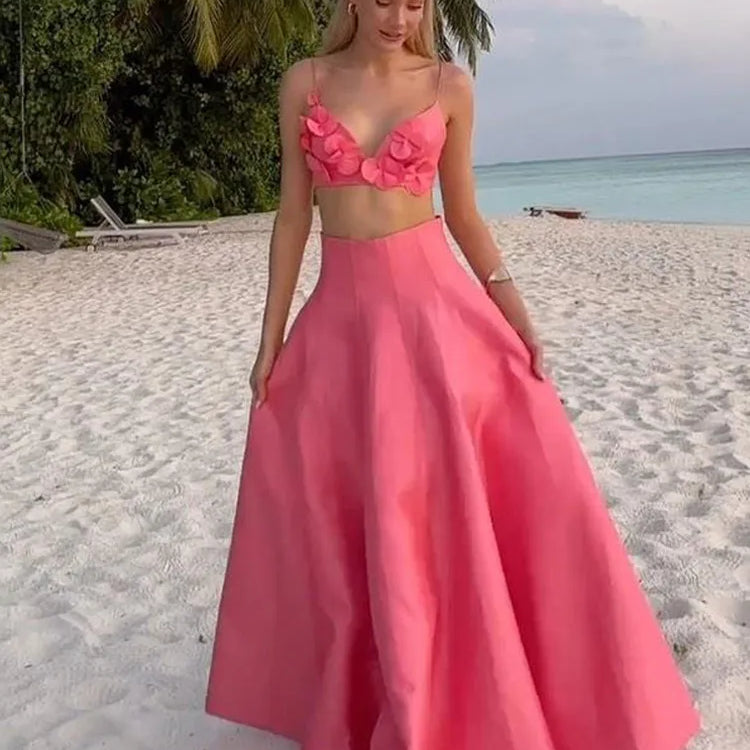 Chic Flower Printed V Neck Beach Dress For Women Fashion Sleeveless Backless Ruffles Midi Dresses 2025 Summer Lady Holiday Robes