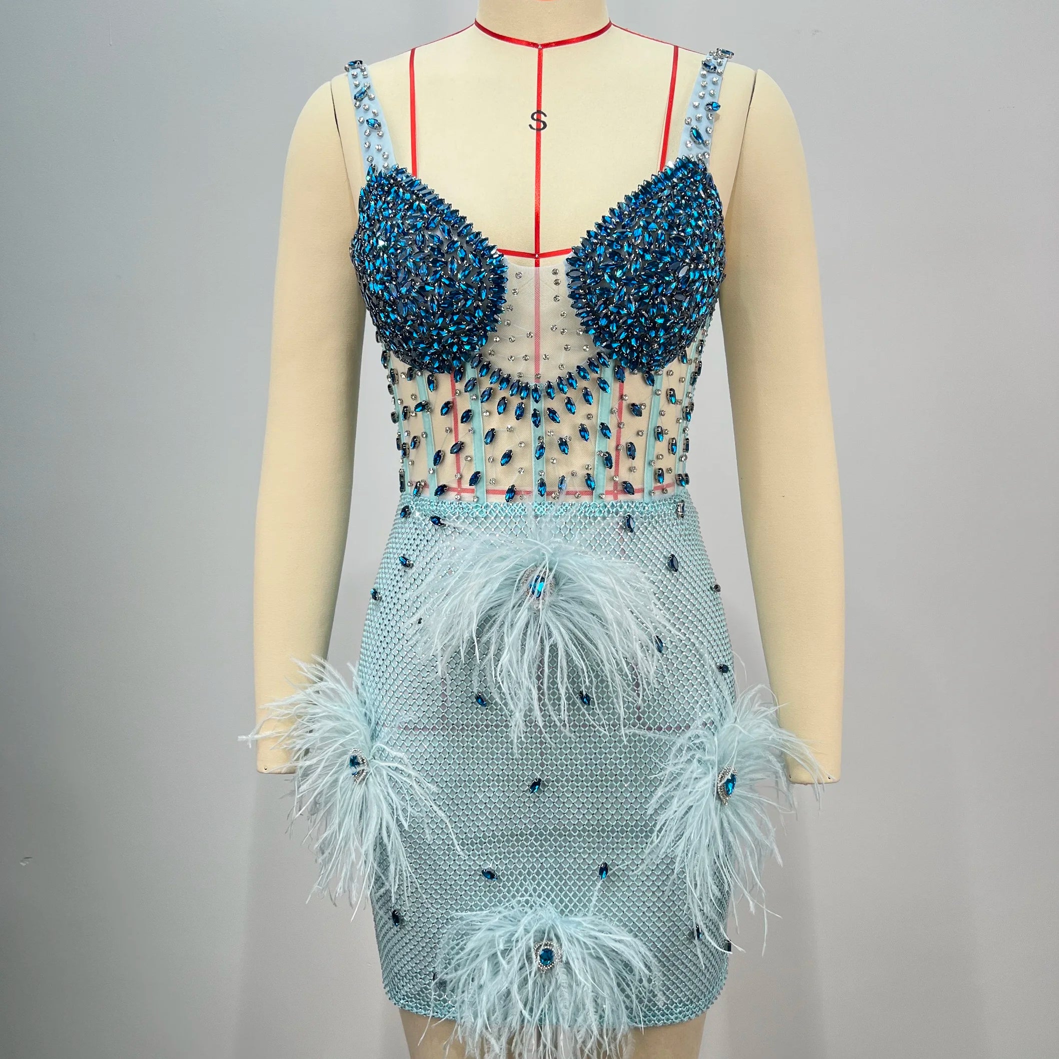 Luxury Feather Dazzling Diamonds Sexy Mesh See Through Light Blue Mini Dress Celebrity Birthday Party Dress Performance Costume