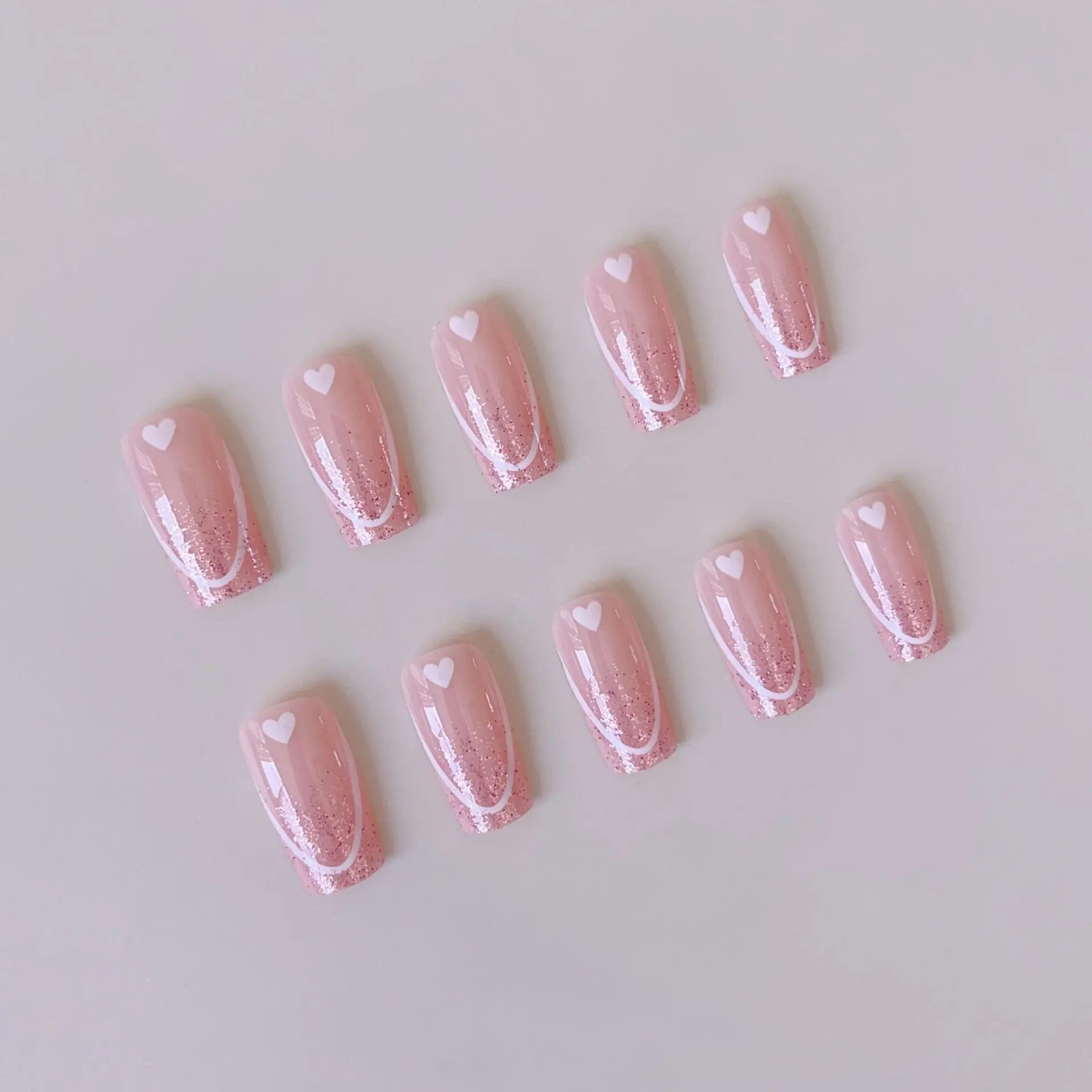 Medium-length Square Fake Nails 24Pcs Sweet Girls Valentine's Day Pink Glossy Sequins French Press On Nails Love Heart Printed