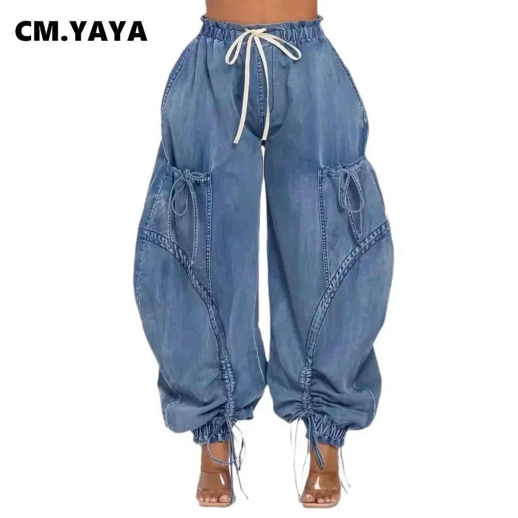 CM.YAYA Women Streetwear Drawstring Fashion Fly Denim Pants 2024 Autumn Loose Safari Style Cargo Harem Hip Hop Jeans