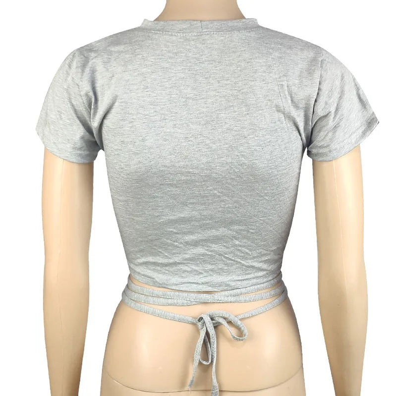 13 Colors Women Lace Up Cropped T-shirts Summer Lady O-Neck Short Sleeve Slim Bandage Tee Tops GXJCK-2180