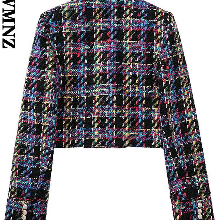 Women's jacket fashion double-breasted tweed cropped blazer vintage long sleeve female outerwear chic veste femme