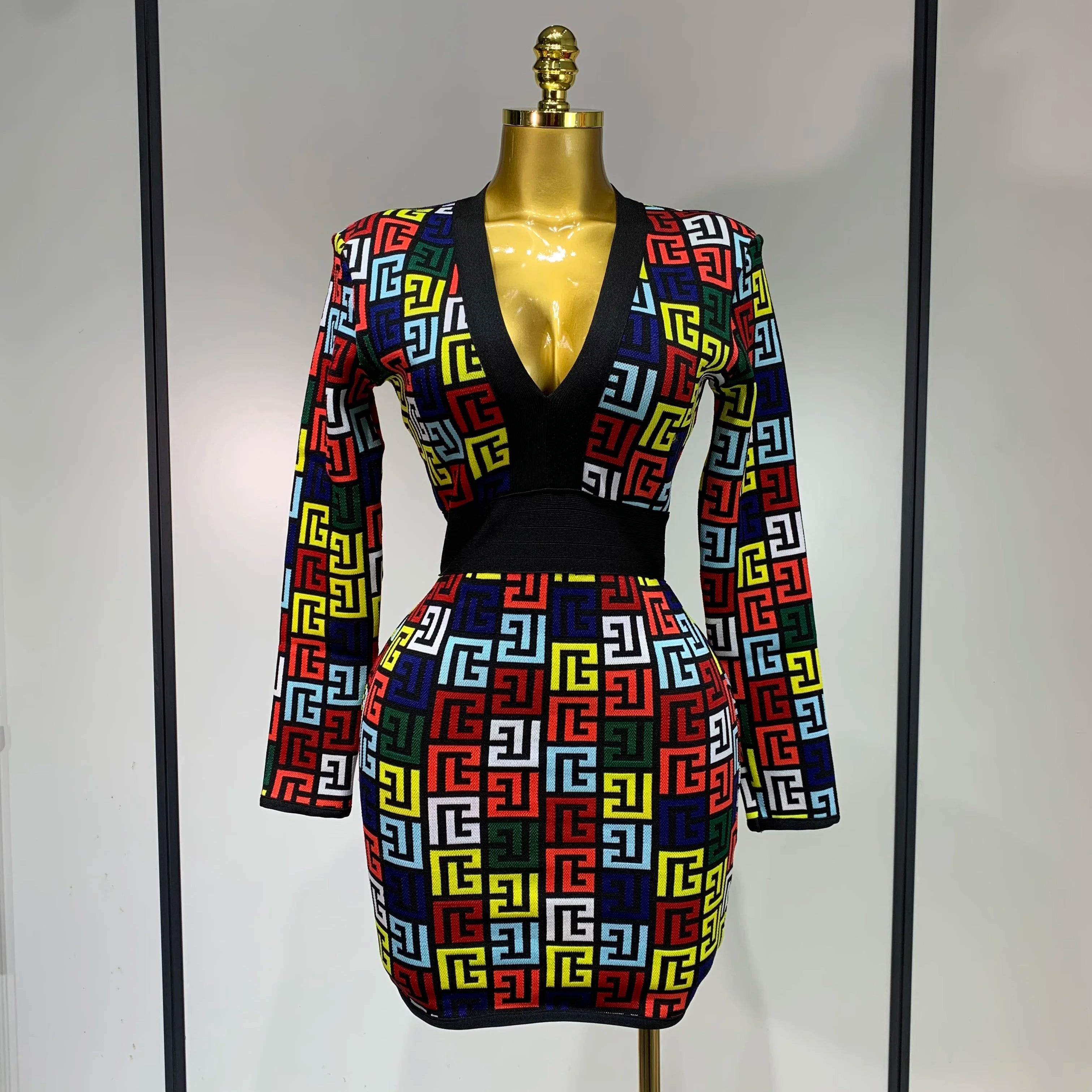 Women Long Sleeve V-Neck Bodycon Jacquard Short Bandage Dress 2025 Elegant Evening Luxury Birthday Party Cocktail Outfit